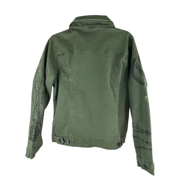 Black Pike Handcrafted Olive Green Denim Jacket Graphic Button Front  Size S - Picture 6 of 9